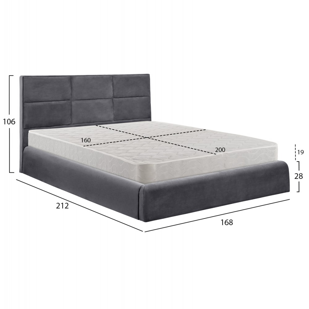 Κρεβάτι διπλό "BRILEY" με στρώμα και αποθηκευτικό χώρο από βελούδο σε χρώμα γκρι 160x200