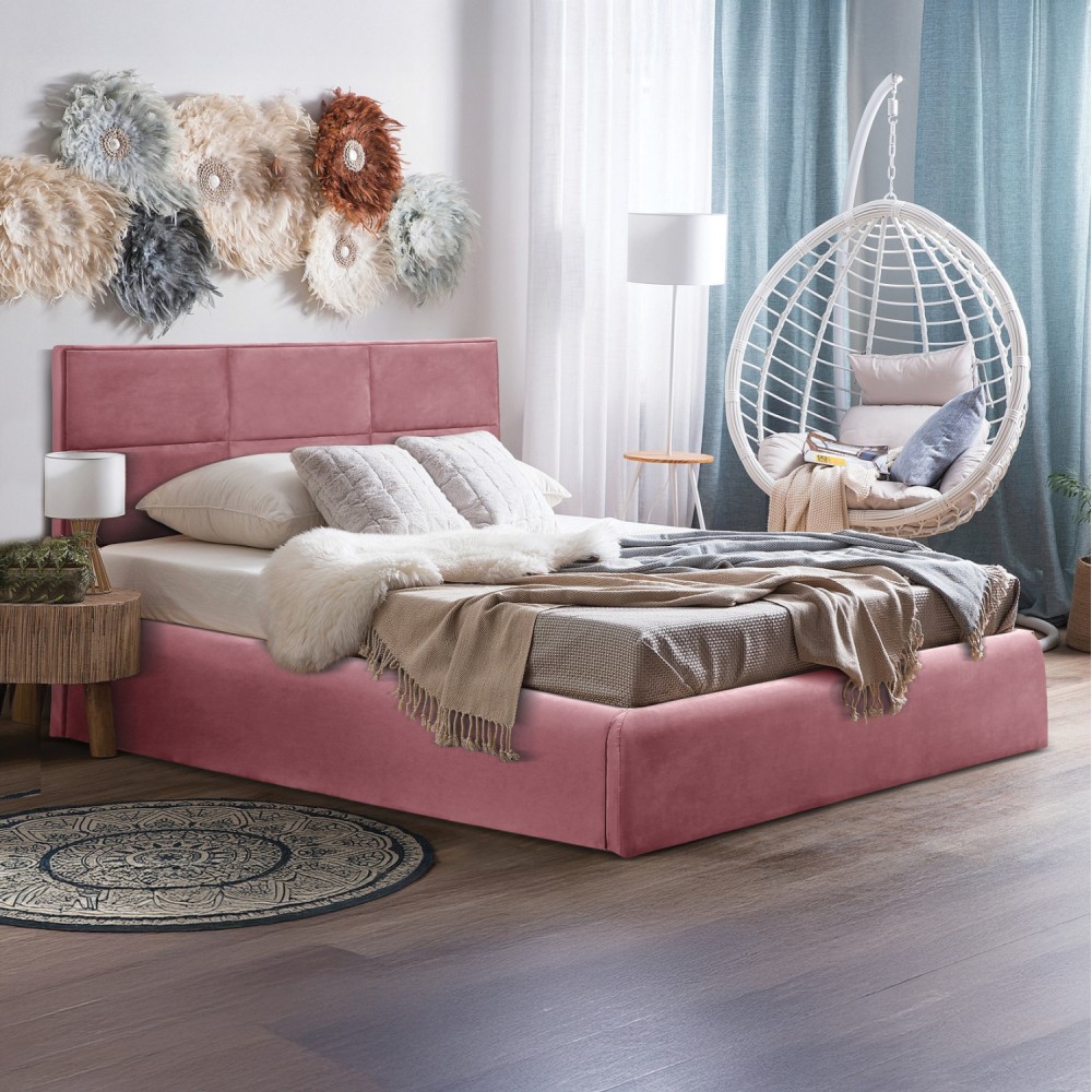 Κρεβάτι διπλό "BRILEY" με στρώμα και αποθηκευτικό χώρο από βελούδο σε χρώμα σάπιο μήλο 160x200