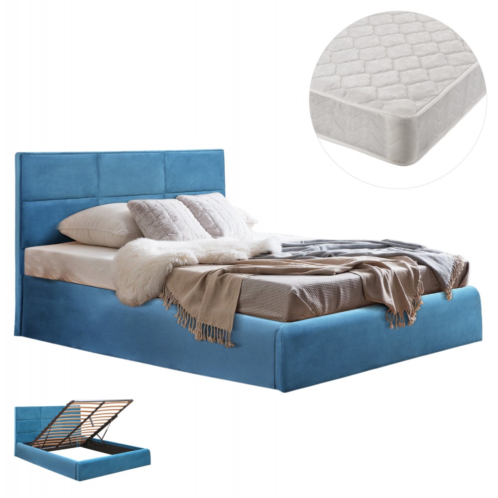 Κρεβάτι διπλό "BRILEY" με στρώμα και αποθηκευτικό χώρο από βελούδο σε χρώμα πετρόλ 160x200