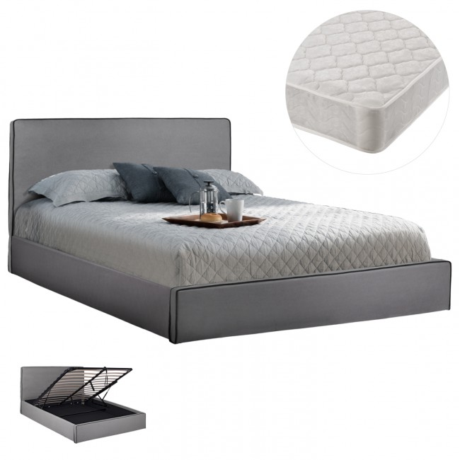 Κρεβάτι διπλό "ALLIE" με στρώμα και αποθηκευτικό χώρο από ύφασμα σε χρώμα γκρι 160x200