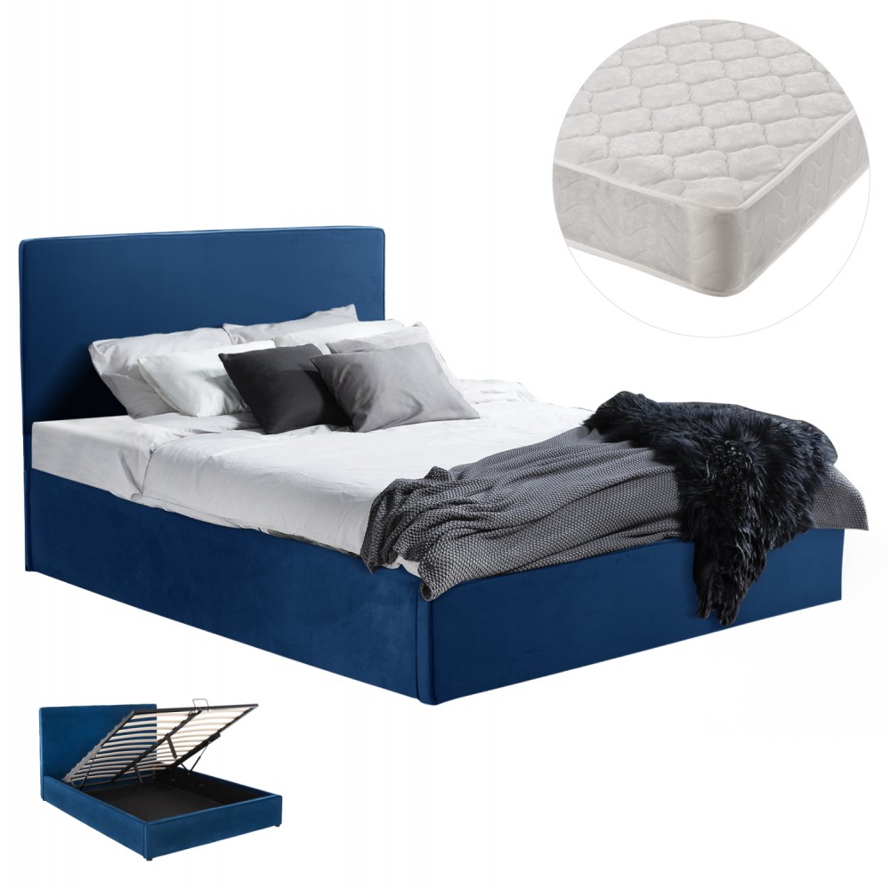 Κρεβάτι διπλό "ALLIE" με στρώμα και αποθηκευτικό χώρο από βελούδο σε χρώμα μπλε 160x200