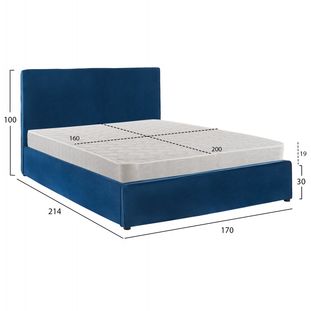 Κρεβάτι διπλό "ALLIE" με στρώμα και αποθηκευτικό χώρο από βελούδο σε χρώμα μπλε 160x200