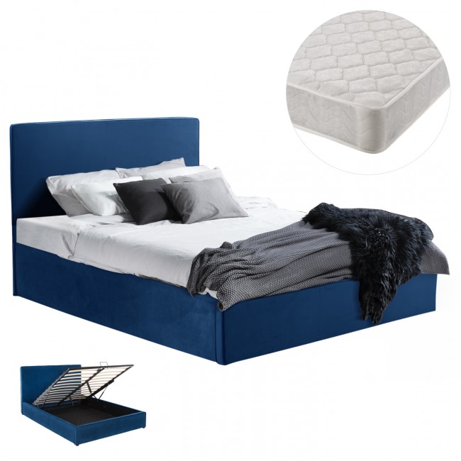 Κρεβάτι διπλό "ALLIE" με στρώμα και αποθηκευτικό χώρο από βελούδο σε χρώμα μπλε 160x200