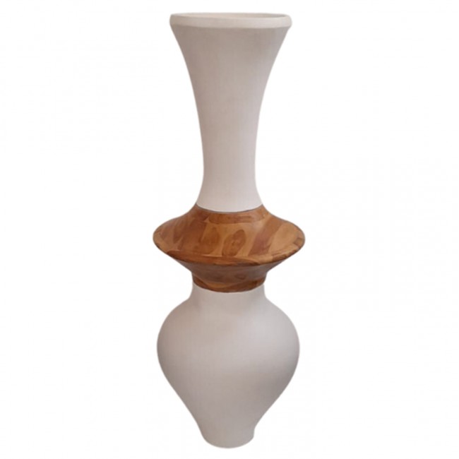 Διακοσμητικό βάζο δαπέδου "NEBULA" από fiber cement/ξύλο σε χρώμα λευκό/φυσικό Φ45x120