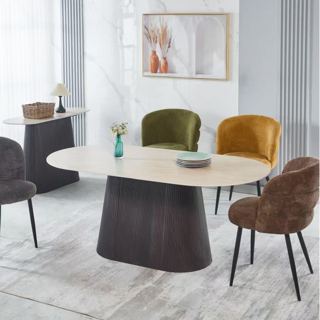 Τραπέζι τραπεζαρίας "CATER" οβάλ από mdf/κεραμικό σε χρώμα καφέ/τραβερτίνα 188x98x78