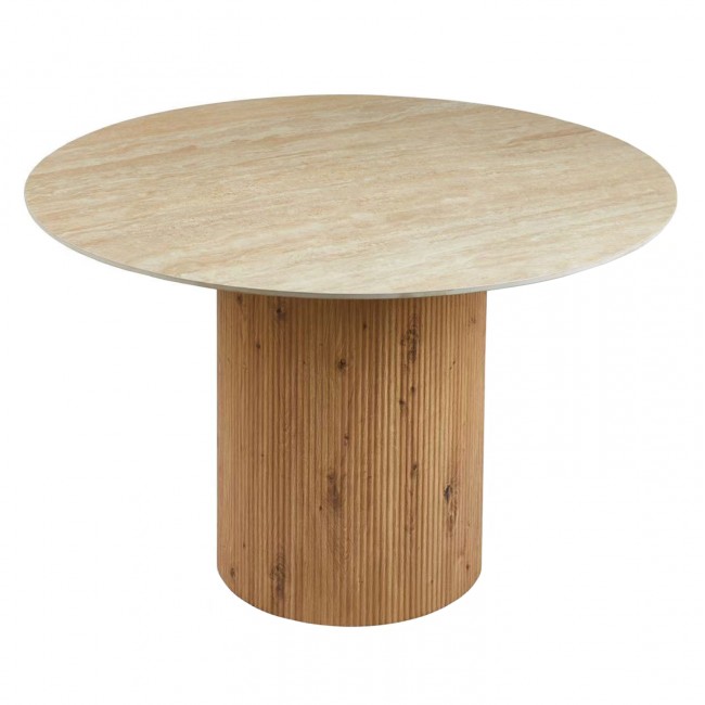 Τραπέζι τραπεζαρίας "TWIL" από mdf/κεραμικό σε χρώμα φυσικό/τραβερτίνα Φ126x77