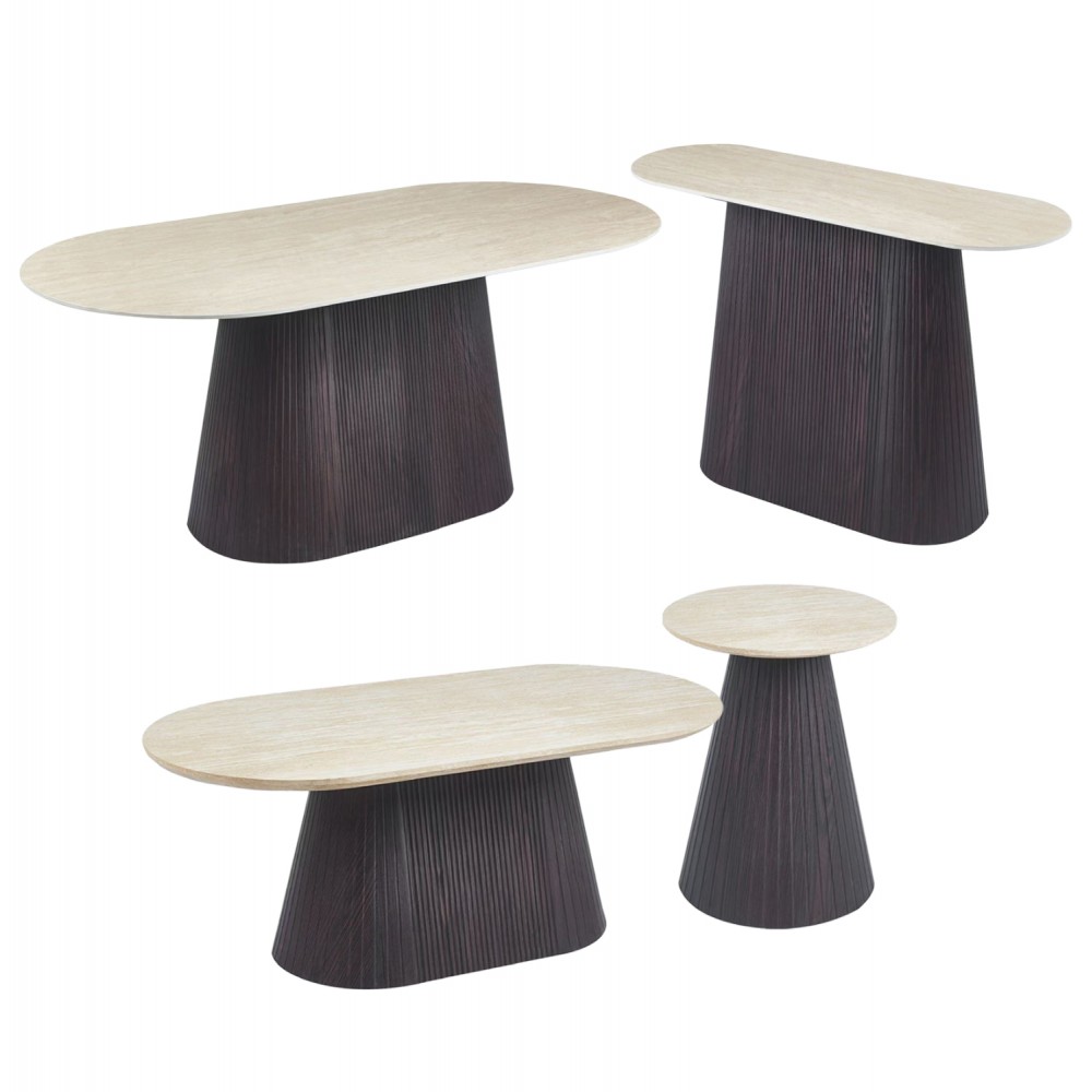 Σετ 3 τραπέζια & 1 κονσόλα "CATER" από mdf/κεραμικό σε χρώμα καφέ/τραβερτίνα 188x98x78