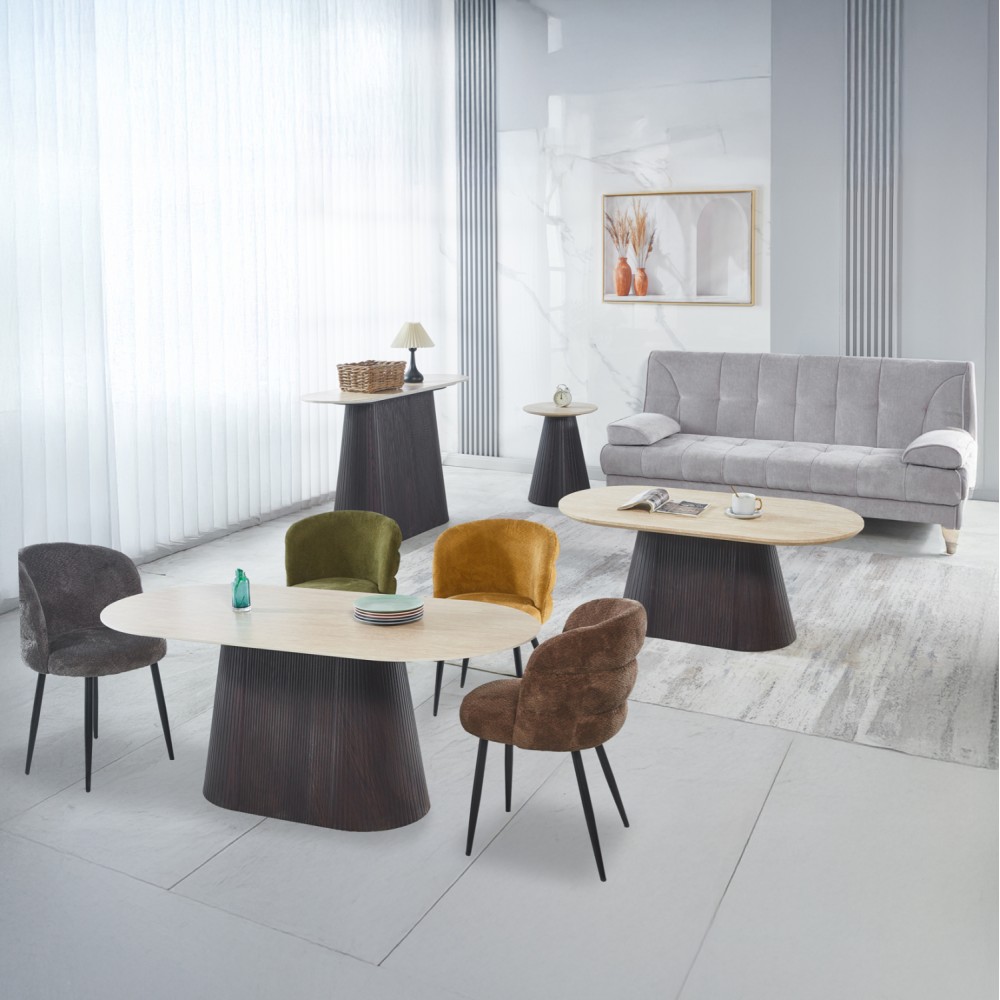 Σετ 3 τραπέζια & 1 κονσόλα "CATER" από mdf/κεραμικό σε χρώμα καφέ/τραβερτίνα 188x98x78