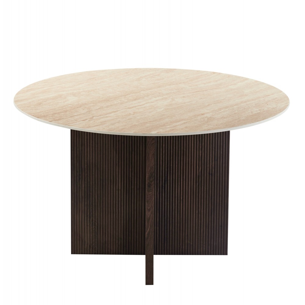 Τραπέζι τραπεζαρίας "SKY" στρογγυλό από mdf/κεραμικό σε χρώμα καφέ/τραβερτίνα Φ120x76