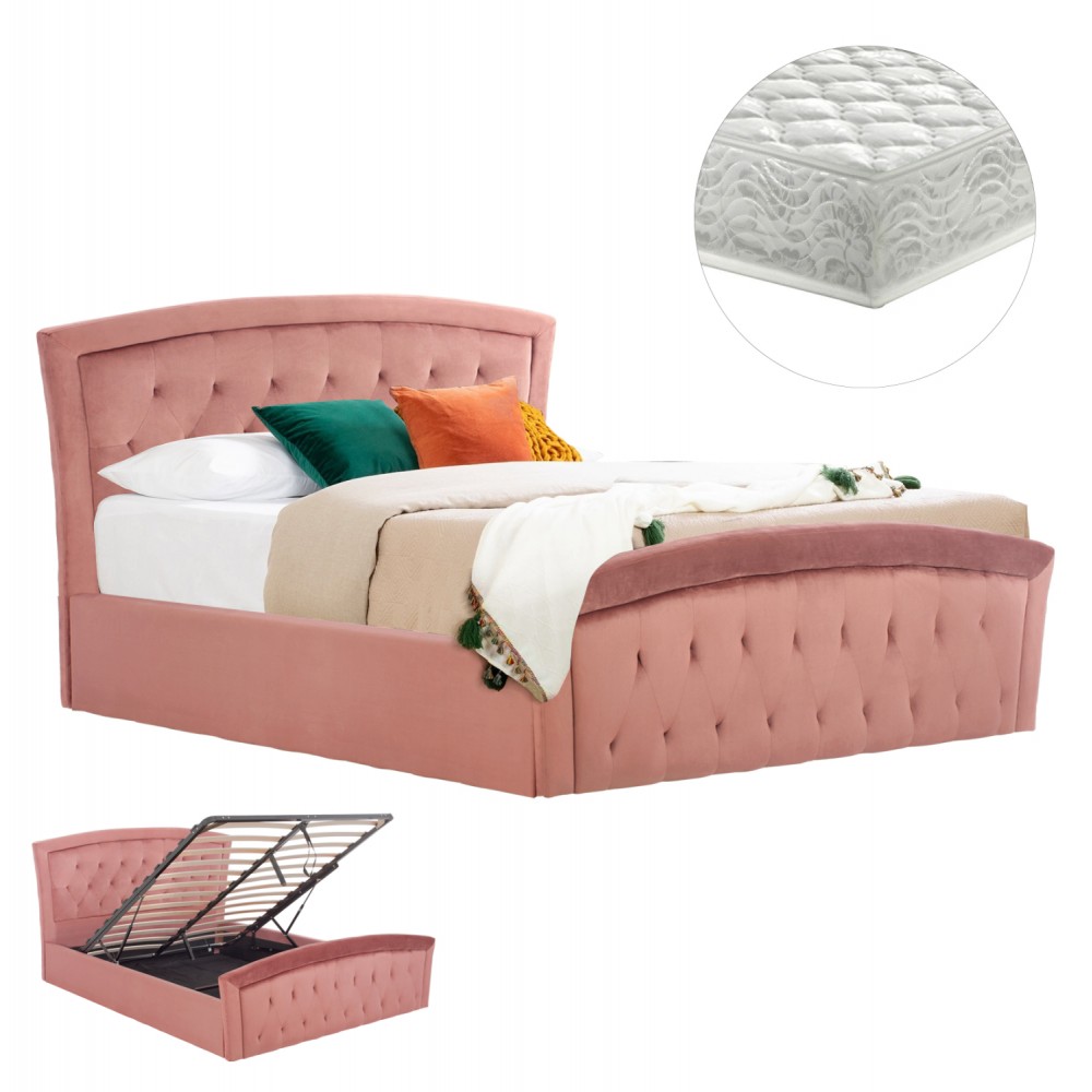 Κρεβάτι διπλό "ODELIA" με στρώμα και αποθηκευτικό χώρο από βελούδο σε χρώμα σάπιο μήλο 160x200