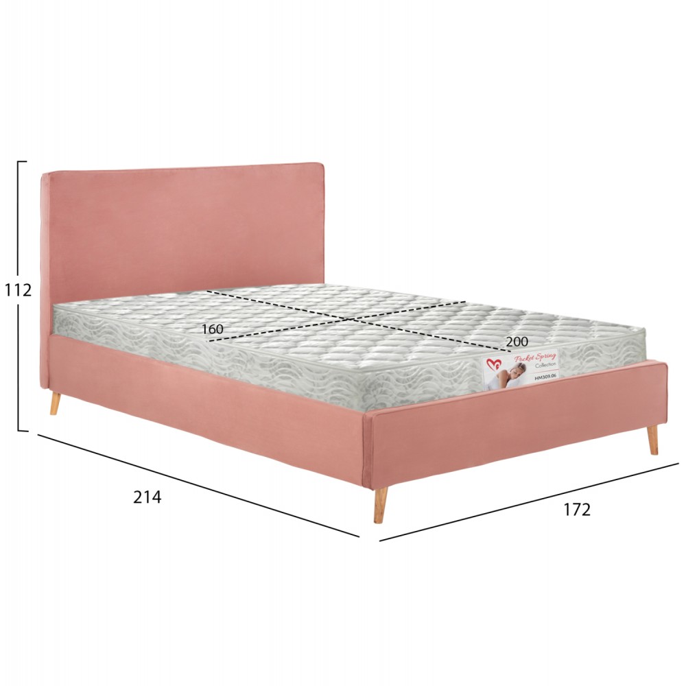 Κρεβάτι διπλό με στρώμα "INDRA" από ύφασμα σε χρώμα σάπιο μήλο 160x200