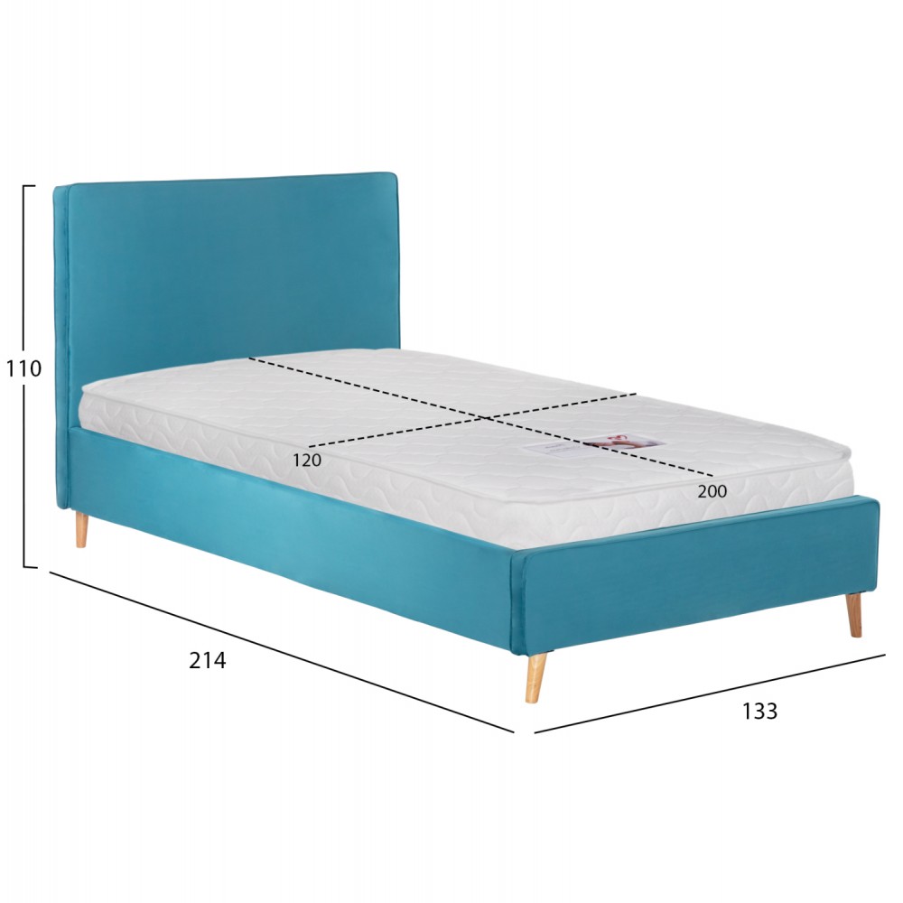 Κρεβάτι ημίδιπλο με στρώμα "MAYLIN" από βελούδο σε χρώμα τιρκουάζ 120x200