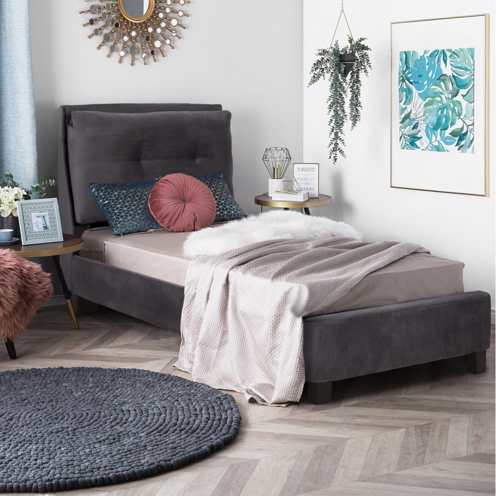 Κρεβάτι μονό με στρώμα "RILEY" από βελούδο σε χρώμα γκρι 90x200