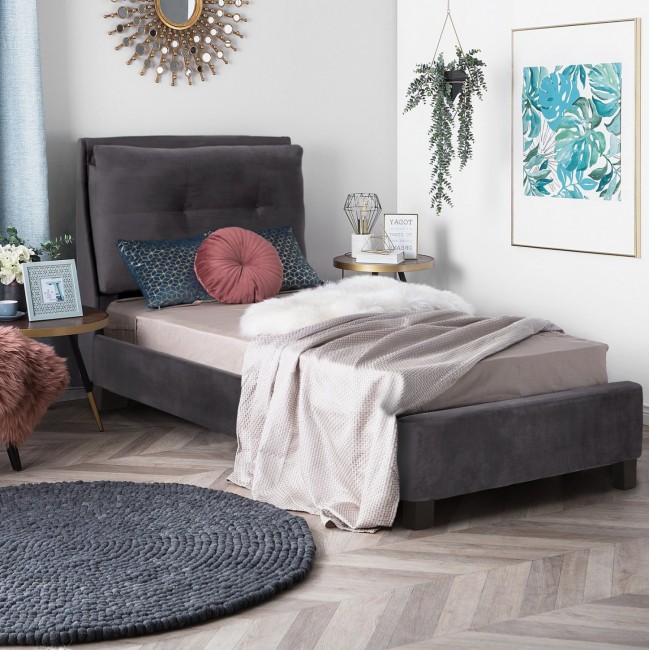 Κρεβάτι μονό με στρώμα "RILEY" από βελούδο σε χρώμα γκρι 90x200