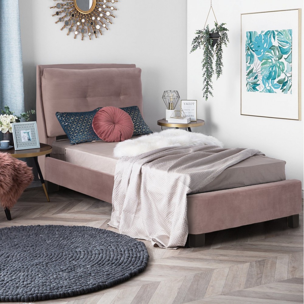 Κρεβάτι μονό με στρώμα "RILEY" από βελούδο σε χρώμα σάπιο μήλο 90x200