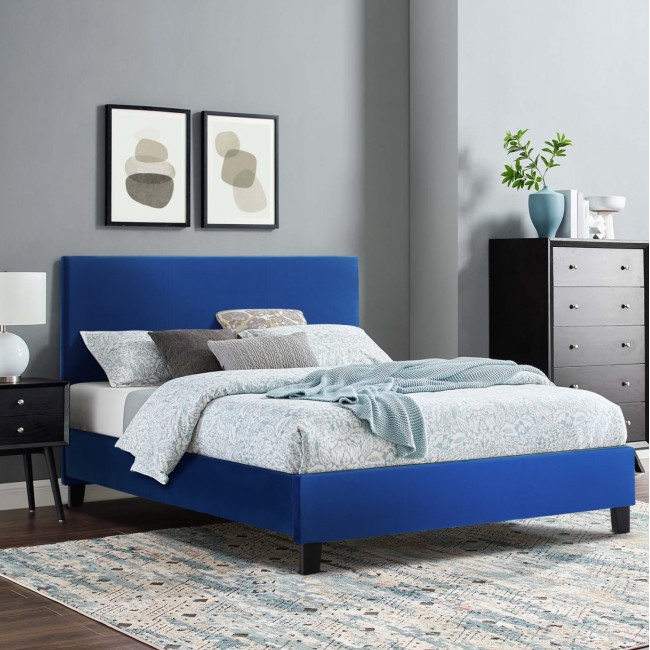 Κρεβάτι διπλό με στρώμα "BECCA" από βελούδο σε χρώμα μπλε 150x200