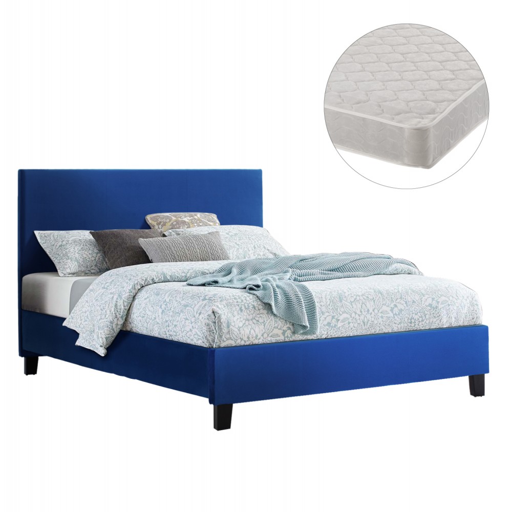 Κρεβάτι διπλό με στρώμα "BECCA" από βελούδο σε χρώμα μπλε 150x200