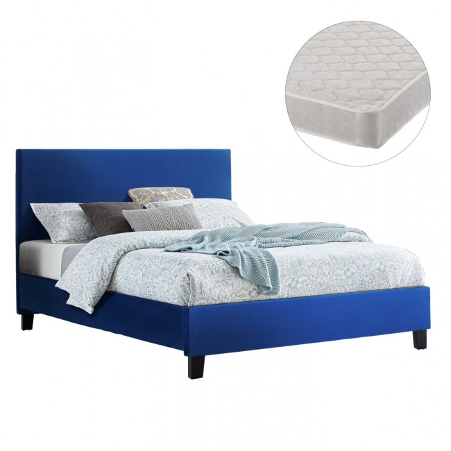Κρεβάτι διπλό με στρώμα "BECCA" από βελούδο σε χρώμα μπλε 150x200