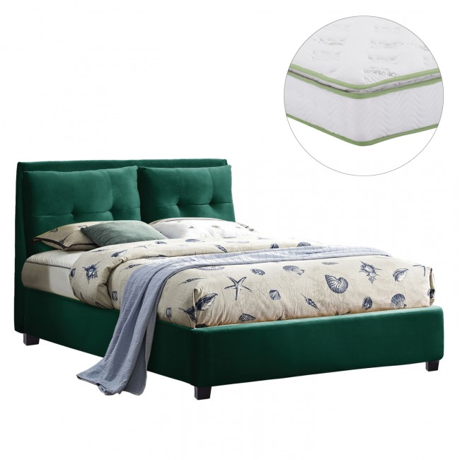 Κρεβάτι διπλό με στρώμα "BILLIE" από βελούδο σε χρώμα κυπαρισσί 160x200