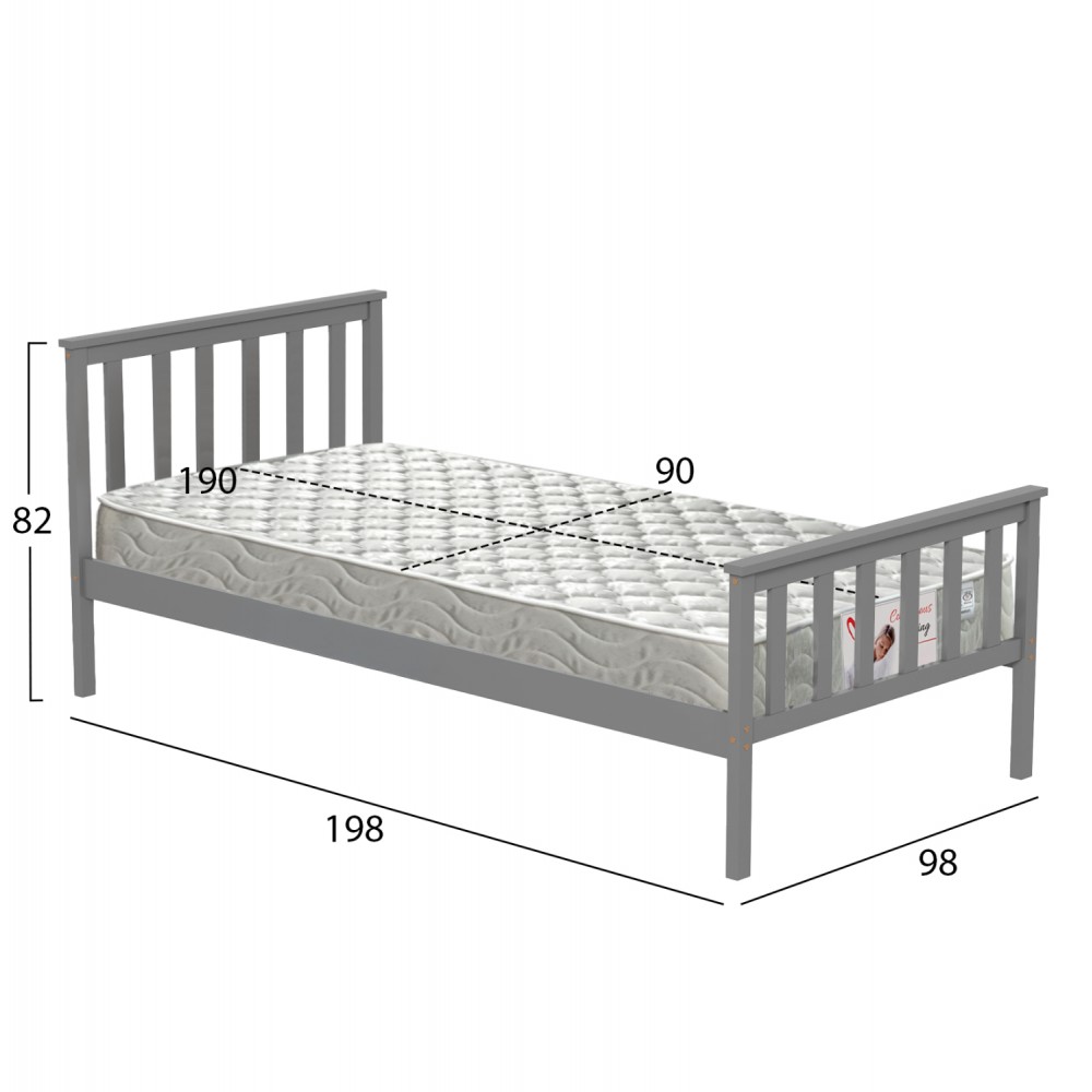 Κρεβάτι μονό ''GIMLY'' με στρώμα από ξύλο σε χρώμα γκρι 90x190