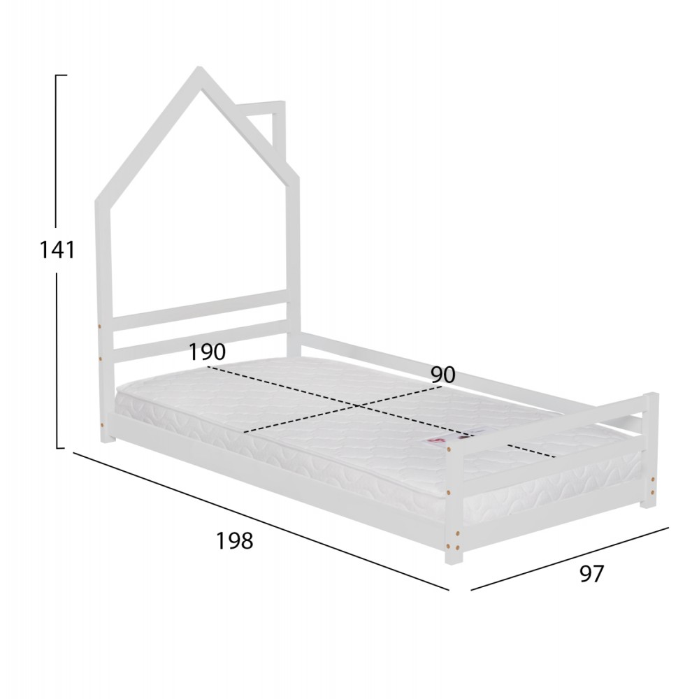 Κρεβάτι παιδικό ''HOUSER'' με στρώμα από ξύλο σε χρώμα λευκό 90x190