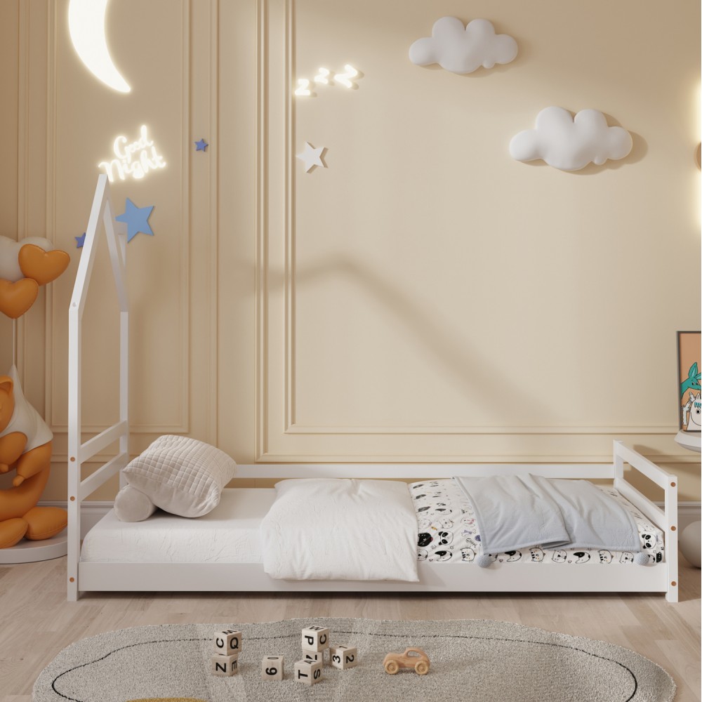 Κρεβάτι παιδικό ''HOUSER'' με στρώμα από ξύλο σε χρώμα λευκό 90x190