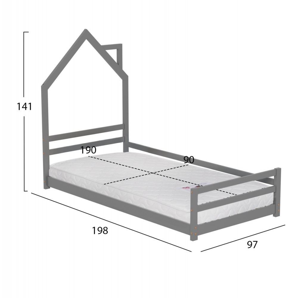 Κρεβάτι παιδικό ''HOUSER'' με στρώμα από ξύλο σε χρώμα γκρι 90x190