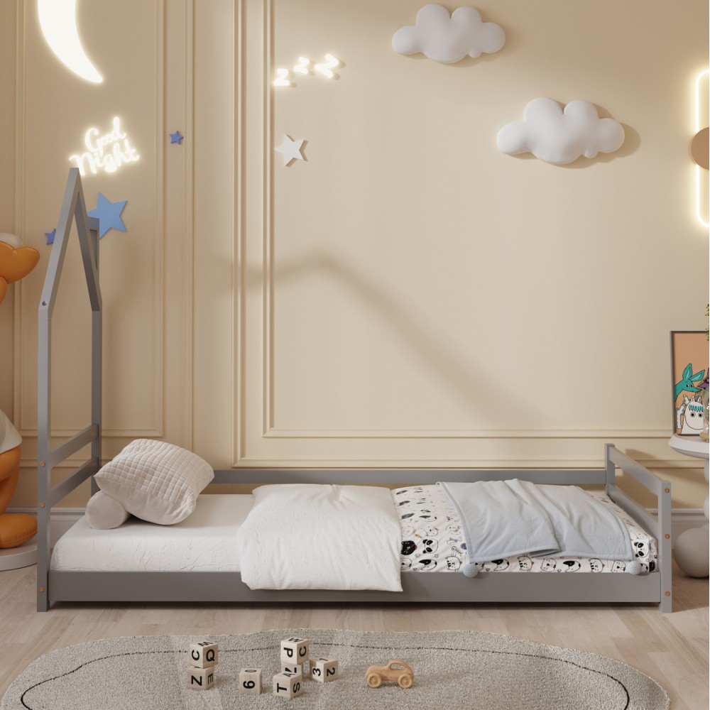 Κρεβάτι παιδικό ''HOUSER'' με στρώμα από ξύλο σε χρώμα γκρι 90x190