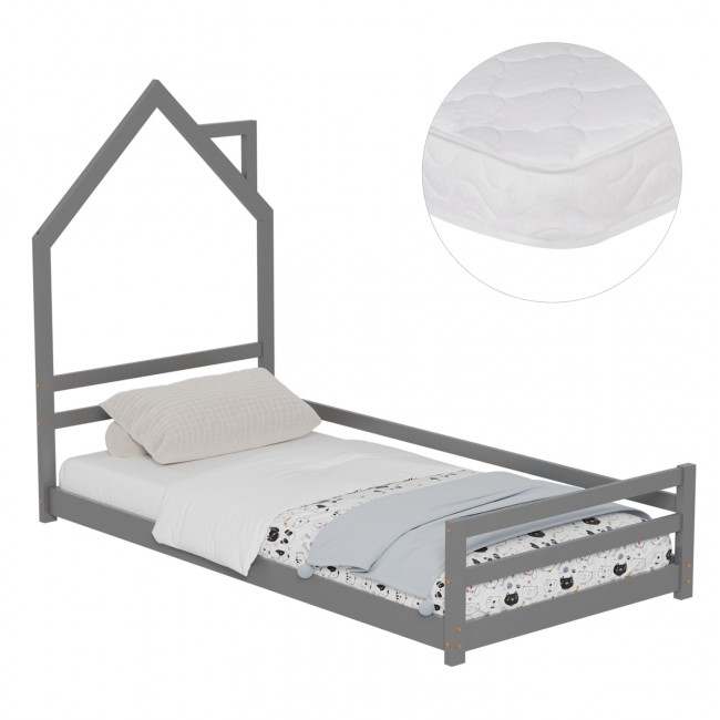 Κρεβάτι παιδικό ''HOUSER'' με στρώμα από ξύλο σε χρώμα γκρι 90x190