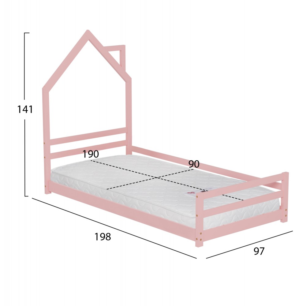 Κρεβάτι παιδικό ''HOUSER'' με στρώμα από ξύλο σε χρώμα ροζ 90x190