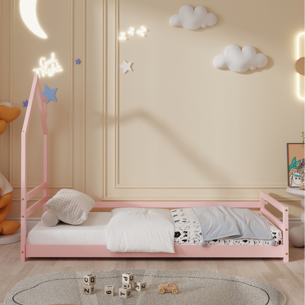 Κρεβάτι παιδικό ''HOUSER'' με στρώμα από ξύλο σε χρώμα ροζ 90x190