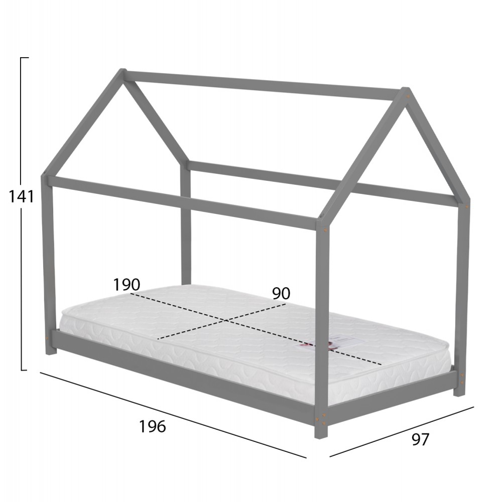 Κρεβάτι παιδικό με στρώμα "PEPE" από ξύλο σε χρώμα γκρι 90x190