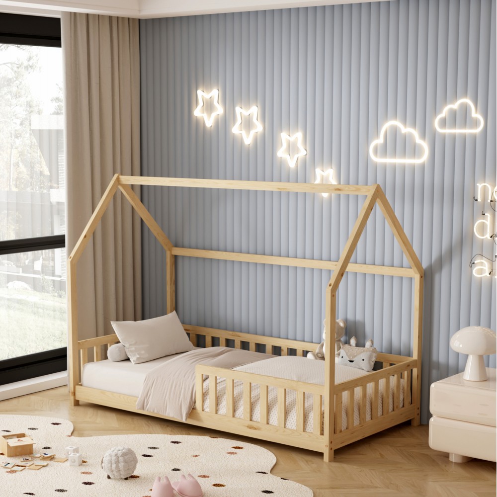 Κρεβάτι παιδικό με στρώμα "PHYLLIS" από ξύλο σε χρώμα φυσικό 90x190