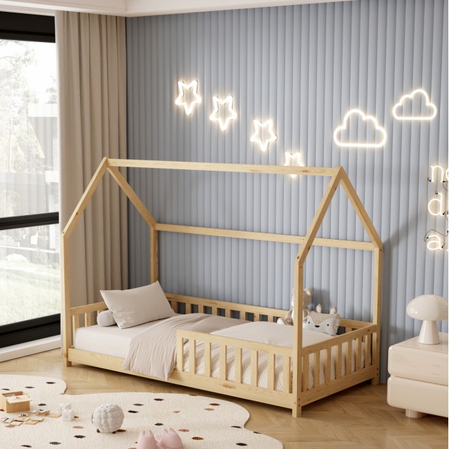 Κρεβάτι παιδικό με στρώμα "PHYLLIS" από ξύλο σε χρώμα φυσικό 90x190