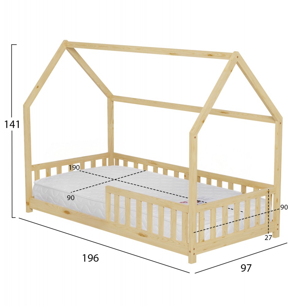 Κρεβάτι παιδικό με στρώμα "PHYLLIS" από ξύλο σε χρώμα φυσικό 90x190