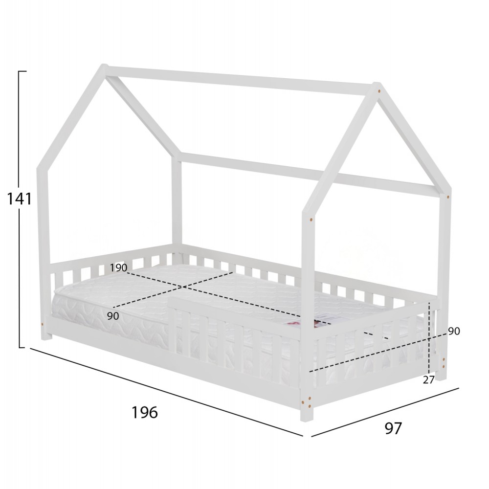 Κρεβάτι παιδικό με στρώμα "PHYLLIS" από ξύλο σε χρώμα λευκό 90x190