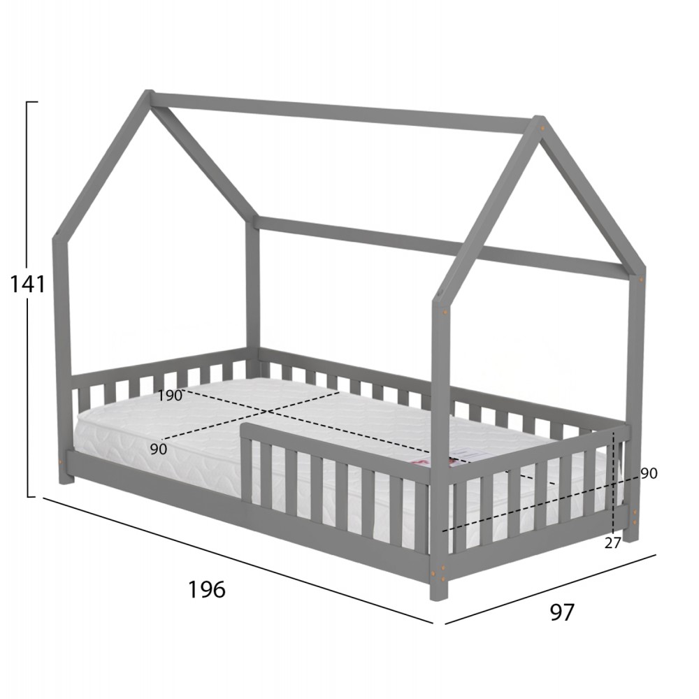 Κρεβάτι παιδικό με στρώμα "PHYLLIS" από ξύλο σε χρώμα γκρι 90x190