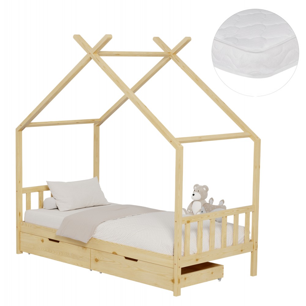 Κρεβάτι παιδικό με στρώμα "KLARICE" από ξύλο σε χρώμα φυσικό 90x190