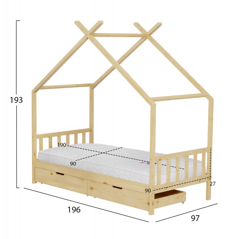 Κρεβάτι παιδικό με στρώμα "KLARICE" από ξύλο σε χρώμα φυσικό 90x190