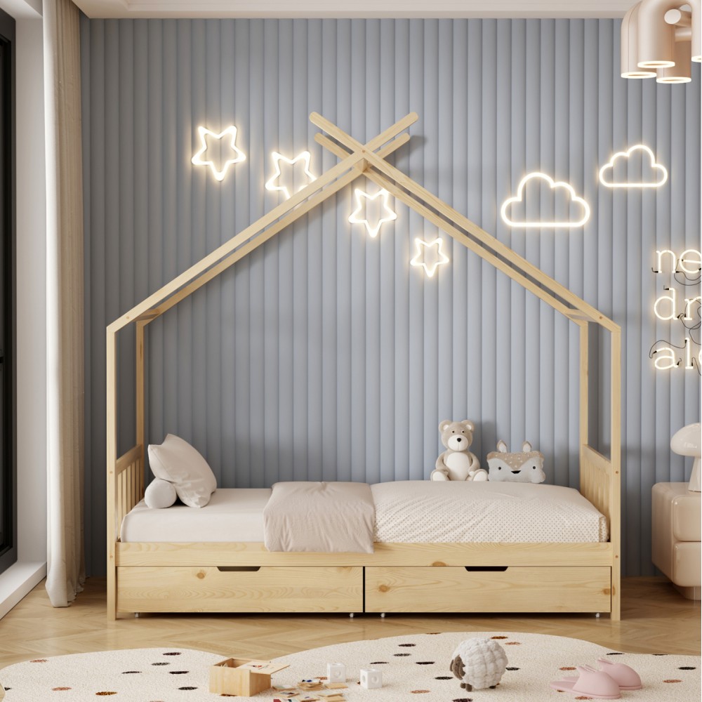 Κρεβάτι παιδικό με στρώμα "KLARICE" από ξύλο σε χρώμα φυσικό 90x190