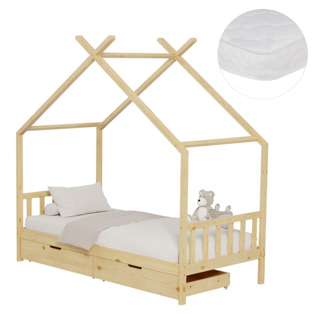 Κρεβάτι παιδικό με στρώμα "KLARICE" από ξύλο σε χρώμα φυσικό 90x190