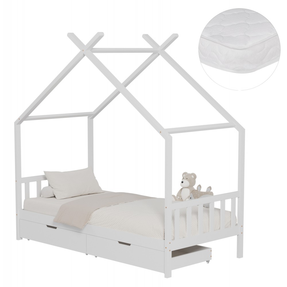 Κρεβάτι παιδικό με στρώμα "KLARICE" από ξύλο σε χρώμα λευκό 90x190