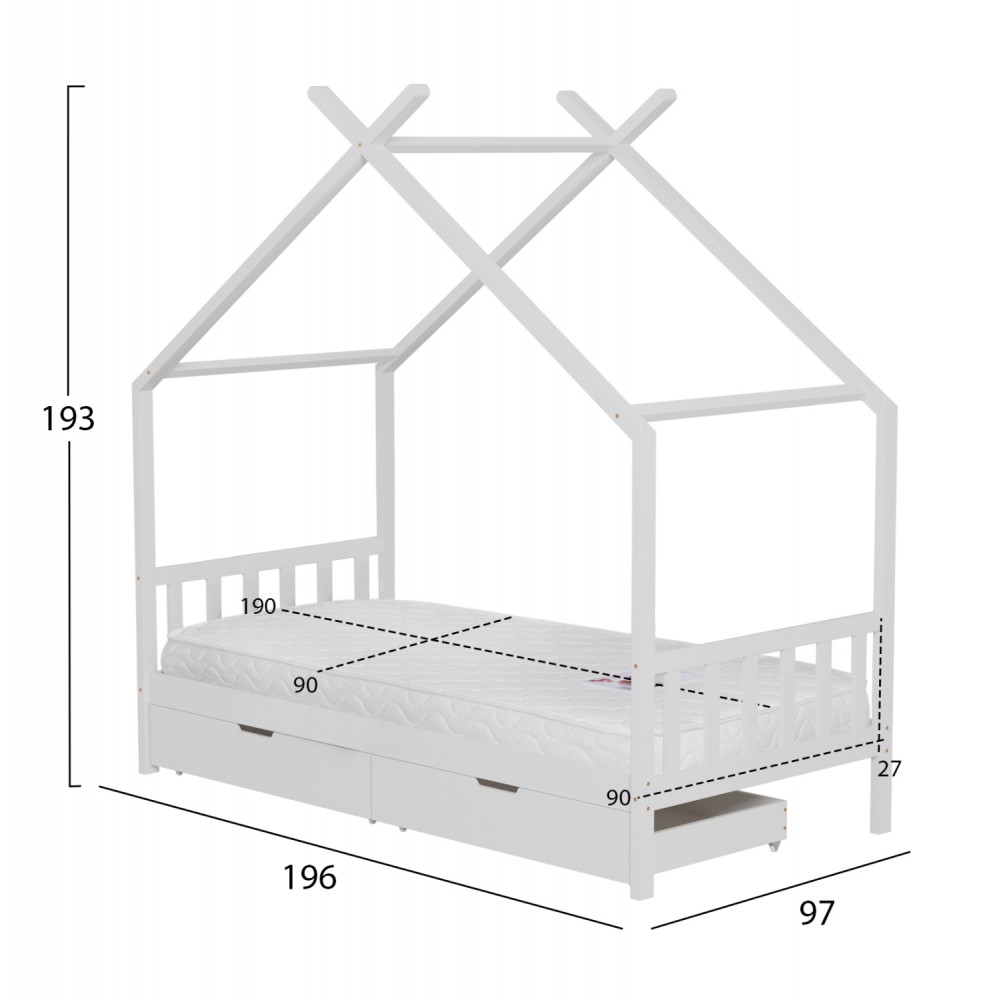 Κρεβάτι παιδικό με στρώμα "KLARICE" από ξύλο σε χρώμα λευκό 90x190