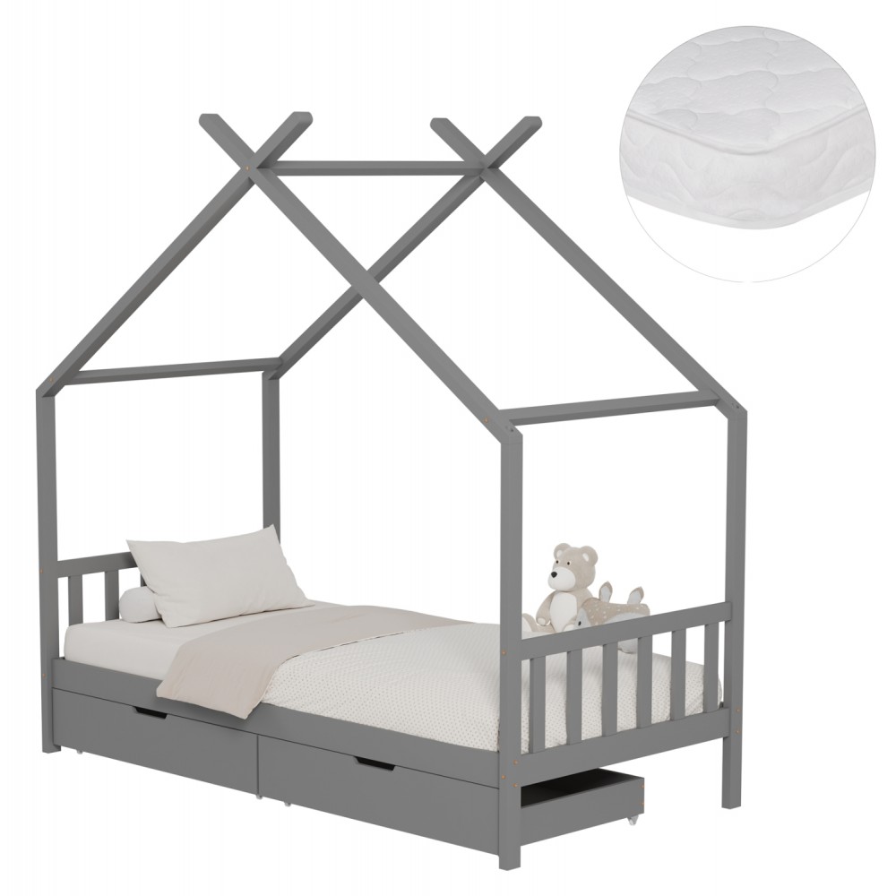 Κρεβάτι παιδικό με στρώμα "KLARICE" από ξύλο σε χρώμα γκρι 90x190