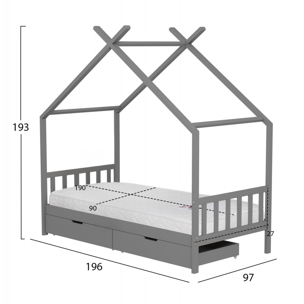 Κρεβάτι παιδικό με στρώμα "KLARICE" από ξύλο σε χρώμα γκρι 90x190
