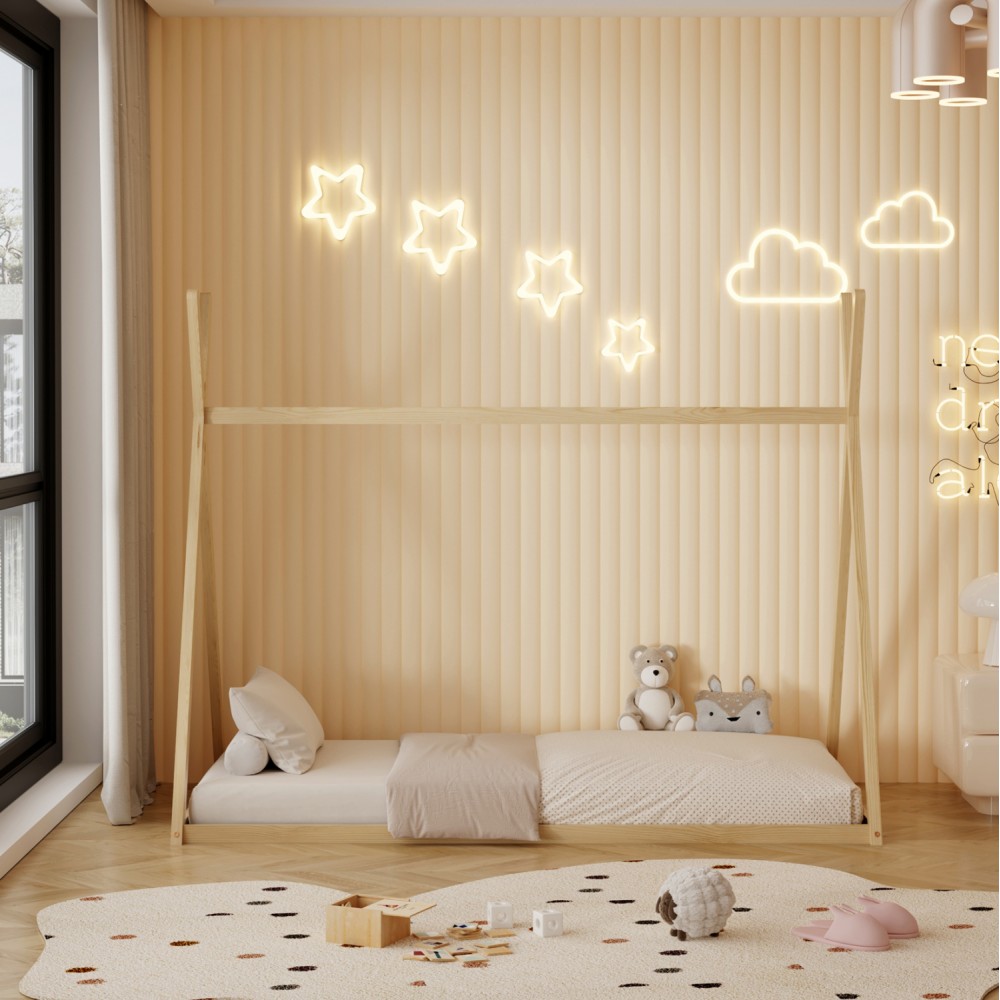 Κρεβάτι παιδικό με στρώμα "MUNK" από ξύλο σε χρώμα φυσικό 90x190