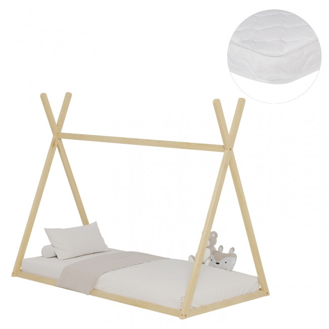 Κρεβάτι παιδικό με στρώμα "MUNK" από ξύλο σε χρώμα φυσικό 90x190