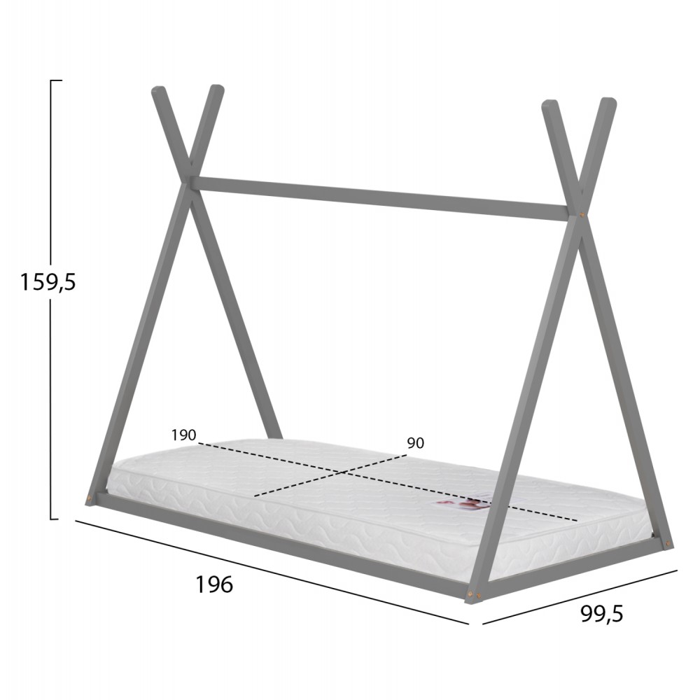 Κρεβάτι παιδικό με στρώμα "MUNK" από ξύλο σε χρώμα γκρι 90x190