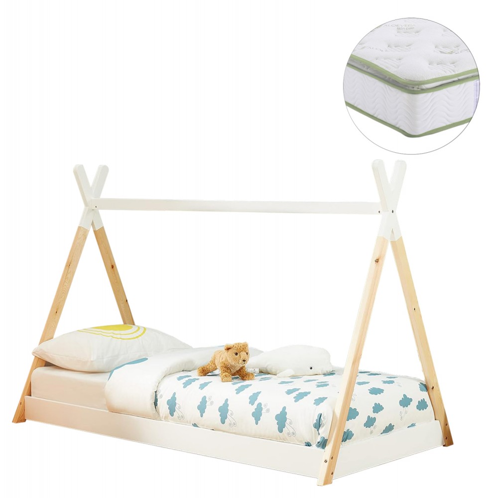 Κρεβάτι παιδικό με στρώμα "MUNK" από ξύλο σε χρώμα φυσικό/λευκό 90x190