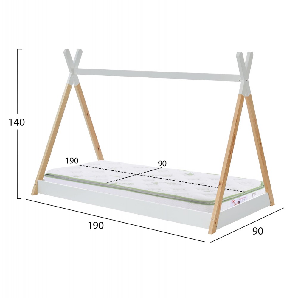 Κρεβάτι παιδικό με στρώμα "MUNK" από ξύλο σε χρώμα φυσικό/λευκό 90x190